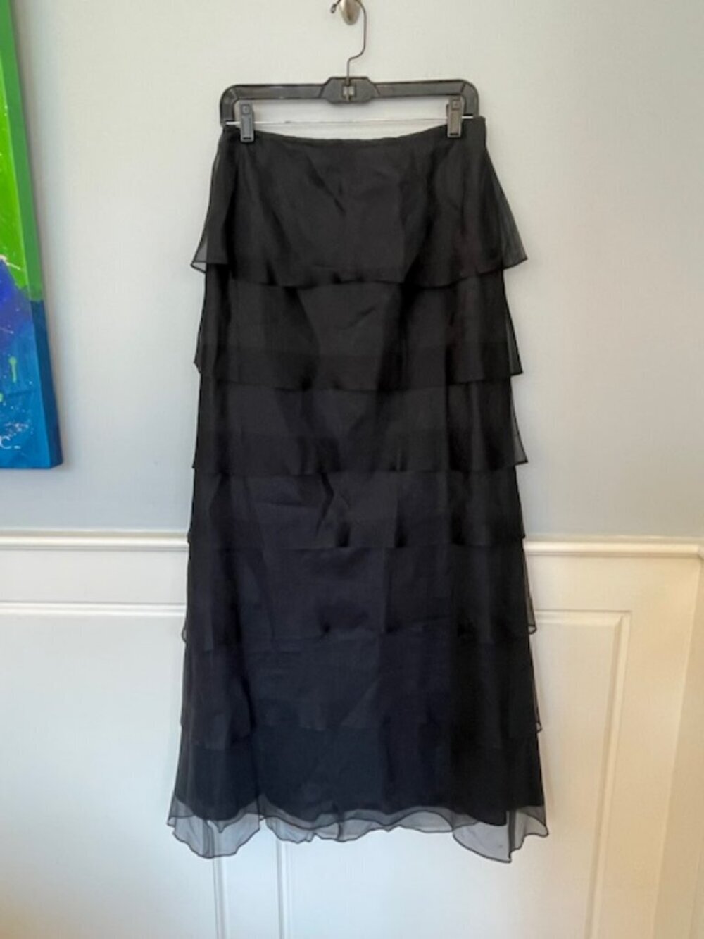 Vintage Tadashi 100% Silk Chiffon Tiered Maxi Skirt 90s Formal Evening Black 6 - Picture 6 of 10